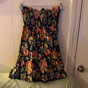 Navy Floral Smocked Strapless Dress